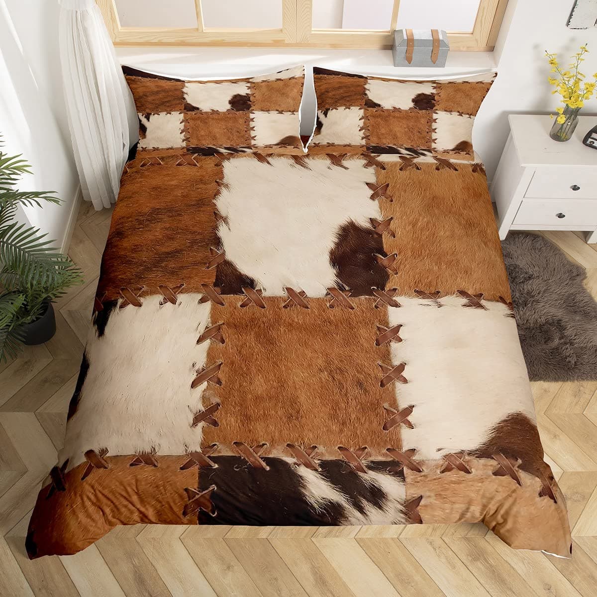 Cowhide Bedding Sets Patchwork Cow Print Comforter Cover (No Filling)Farm Animal Duvet Cover Set For Kids Boys Girls Western Cowboy Farmhouse Bedspreads Cover 2 Pillow Cases Bedroom Decor King Size