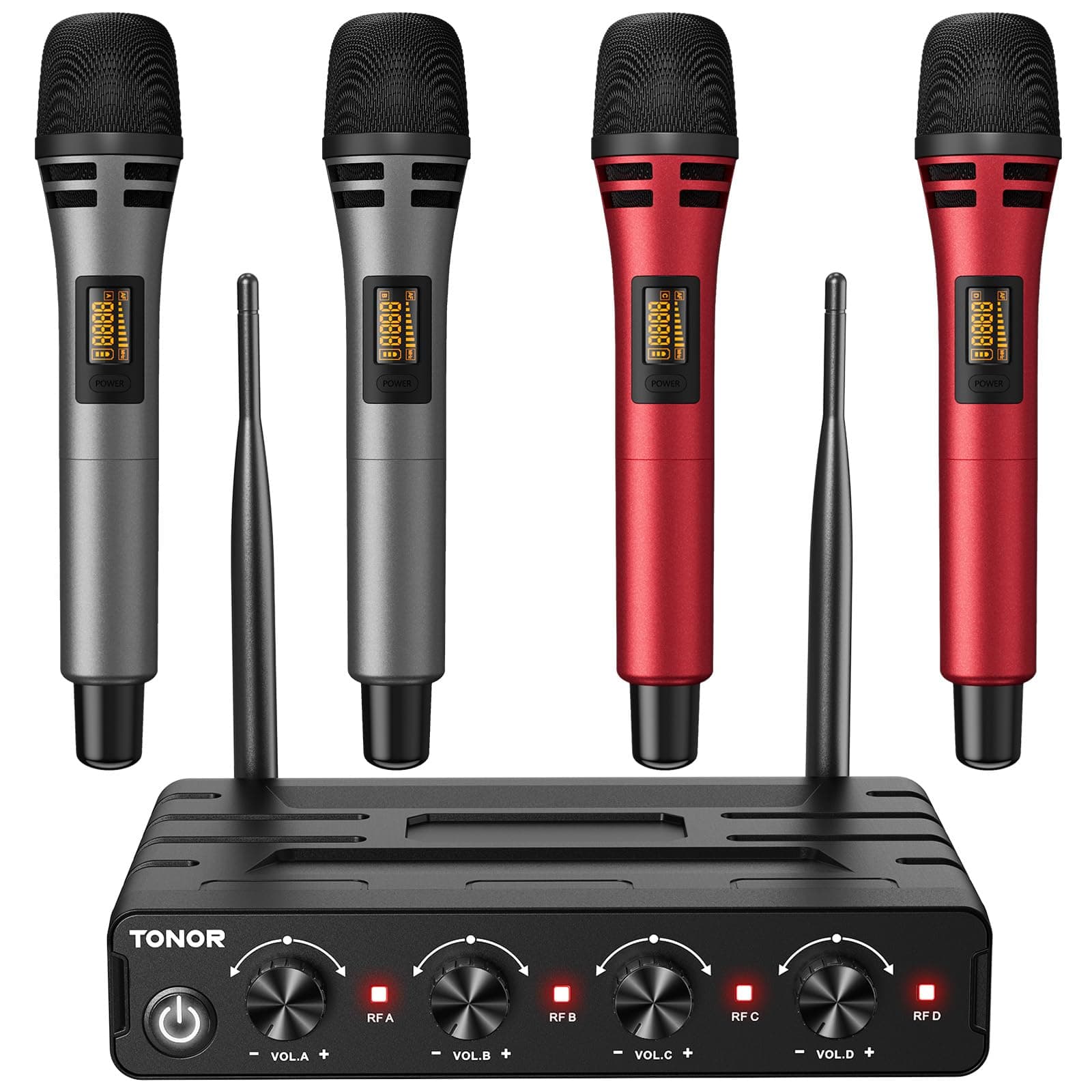 Wireless Microphones System with 4x10 Channels Cordless Handheld Microfono Inalambrico, UHF Mics with Stable Signal Transmission for Karaoke Singing Party Church Wedding PA Speaker 200ft Red