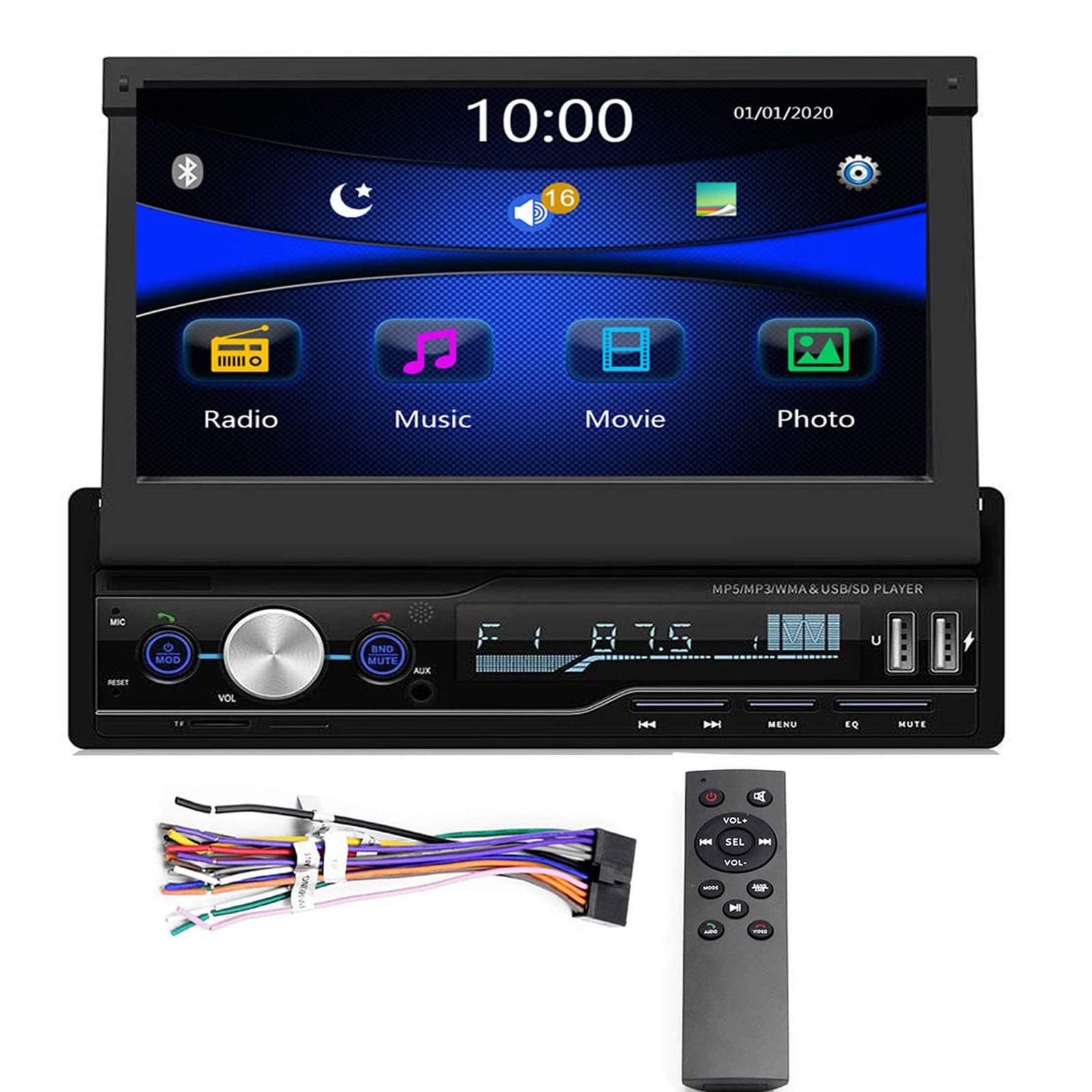 Single Din Car Stereo 7 inch Bluetooth Car Audio Video Player RDS FM AM Car Radio Player USB/AUX/TF HD Telescopic Retractable Capacitive Touch Screen