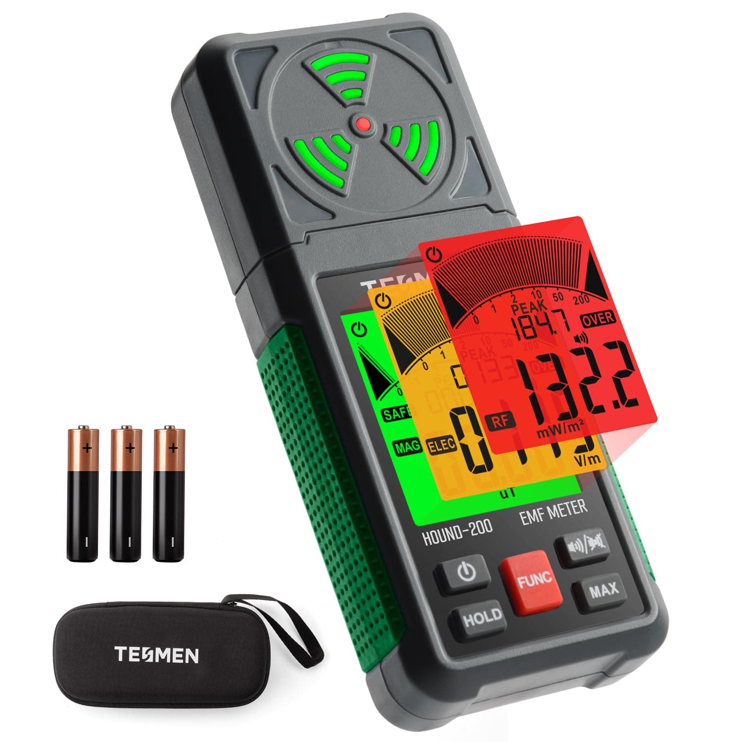 TESMEN EMF Meter, Hound-200 EMF Detector: 3-in-1 Portable Electromagnetic Field Radiation Detector for EF, RF, MF, WiFi Signal, Suitable for Home, Office EMF Inspections and Ghost Hunting - Green