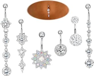 JOERICA 3-6Pcs 14G 316L Stainless Steel Belly Button Rings for Women Flower CZ Dangle Belly Button Rings Navel Piercing Jewelry