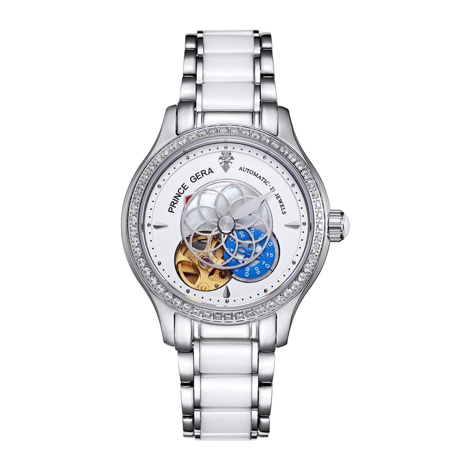 PRINCE GERA Watch Silver Watches for Ladies Waterproof Ceramic Automatic Dress
