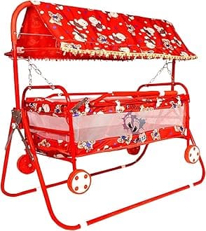 AVANI METROBUZZ Mosquito Net Jhulla Cradle with Swing for New Born Baby 1-2 Years Babies-Newborn Baby Cotton Baby Sleep Swing Cradle-Baby Jhula Jhoola Set with Mosquito Net and Spring (Red)