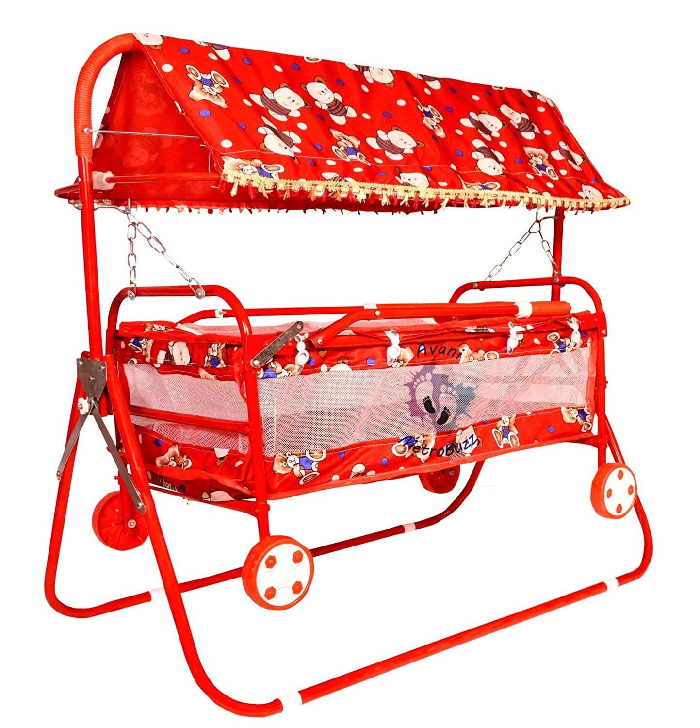 AVANI METROBUZZ Mosquito Net Jhulla Cradle with Swing for New Born Baby 1-2 Years Babies-Newborn Baby Cotton Baby Sleep Swing Cradle-Baby Jhula Jhoola Set with Mosquito Net and Spring (Red)