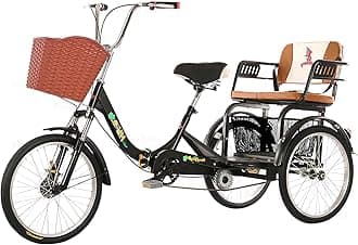 Adult Tricycle Foldable with Child seat 3 Wheel Bicycle for Ladies Tricycle with Basket with Back seat 20/24in Bikes Maximum Load 550lbs Shock Absorbing Fork Adult-Unisex (20in -1speed-black)