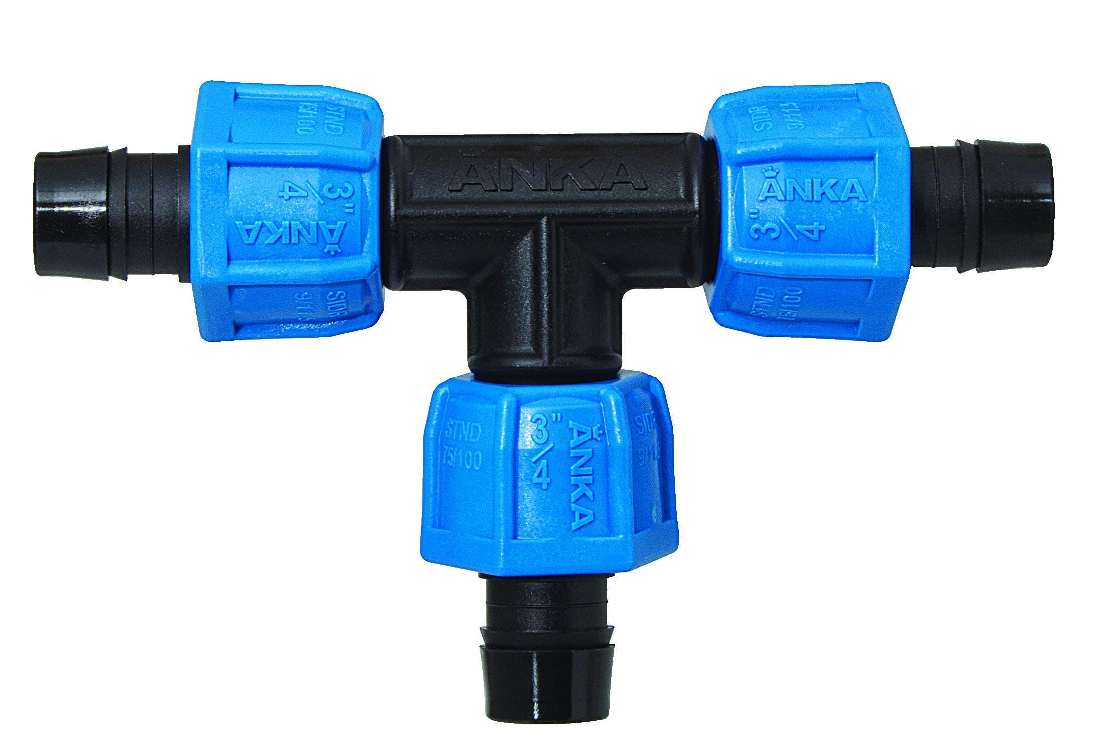 AT34 ANKA Series High Pressure Poly-Pipe Tee, 3/4" X 3/4" X 3/4" Black Fitting w/ Blue Tapered Nut Seals, High Grade Glass Fiber Reinforced Nylon, Agriculture & Irrigation