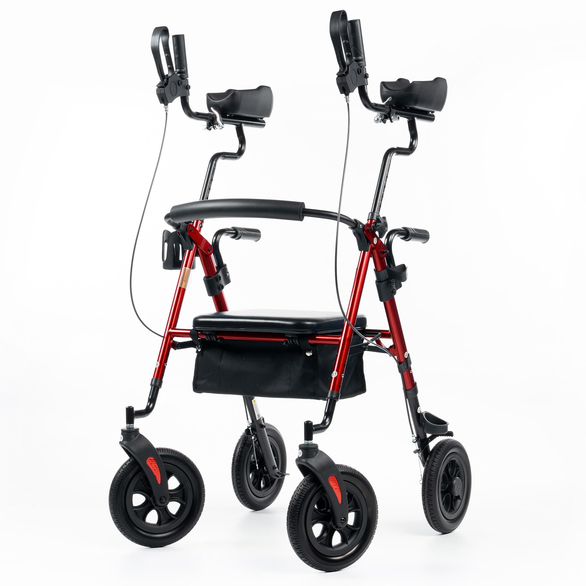 ELENKER All-Terrain Upright Rollator Walker, Stand Up Rolling Walker with 10’’Big PU Wheels and Adjustable Padded Armrests for Seniors from 4’8”to 6'4”, Red