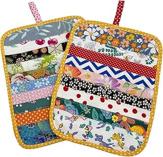 2Pcs Beautiful Cotton Pot Holders for Kitchen, 100% Cotton Fabric Handmade Patchwork Table Mats Set, Heat Resistant Mat Pads with Pocket and Hanging Loop, Potholder Teapot Mitts Washable (2)