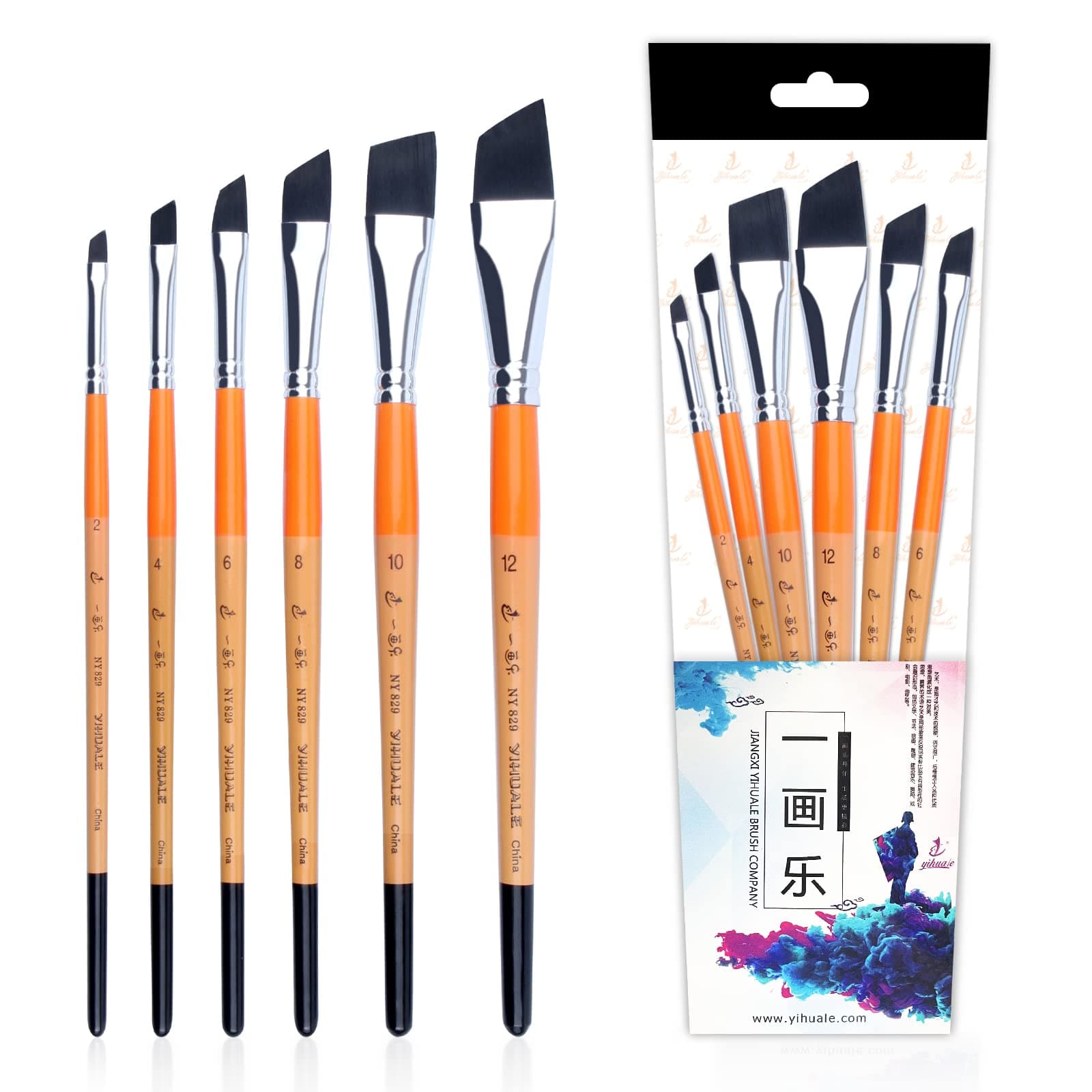 YIHUALEAngular Paint Brushes Nylon Hair Angled Watercolor Pait Brush Set for Acrylics Watercolors Gouache Inks Oil and Tempera (6pcs Angled Paintbrush Set)