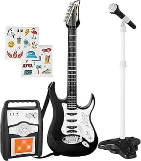 Best Choice Products Toy Kids Guitar Play Set Bundle, Pretend Play Toddler Electric Guitar Kit with Interactive Microphone, Amp, Whammy Bar, 6 Demo Songs and 2 Sticker Sheets - Black