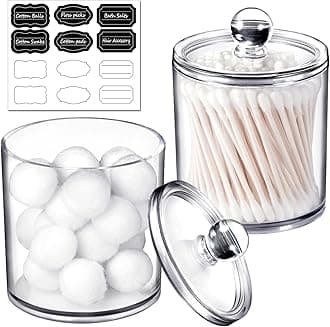 SheeChung 15 Oz Qtip Dispenser Apothecary Jars Bathroom with Labels - Storage Canister Clear Plastic Acrylic Jar for Cotton Ball,Cotton Swab,Q-tips,Cotton Rounds (2 Pack，Small)