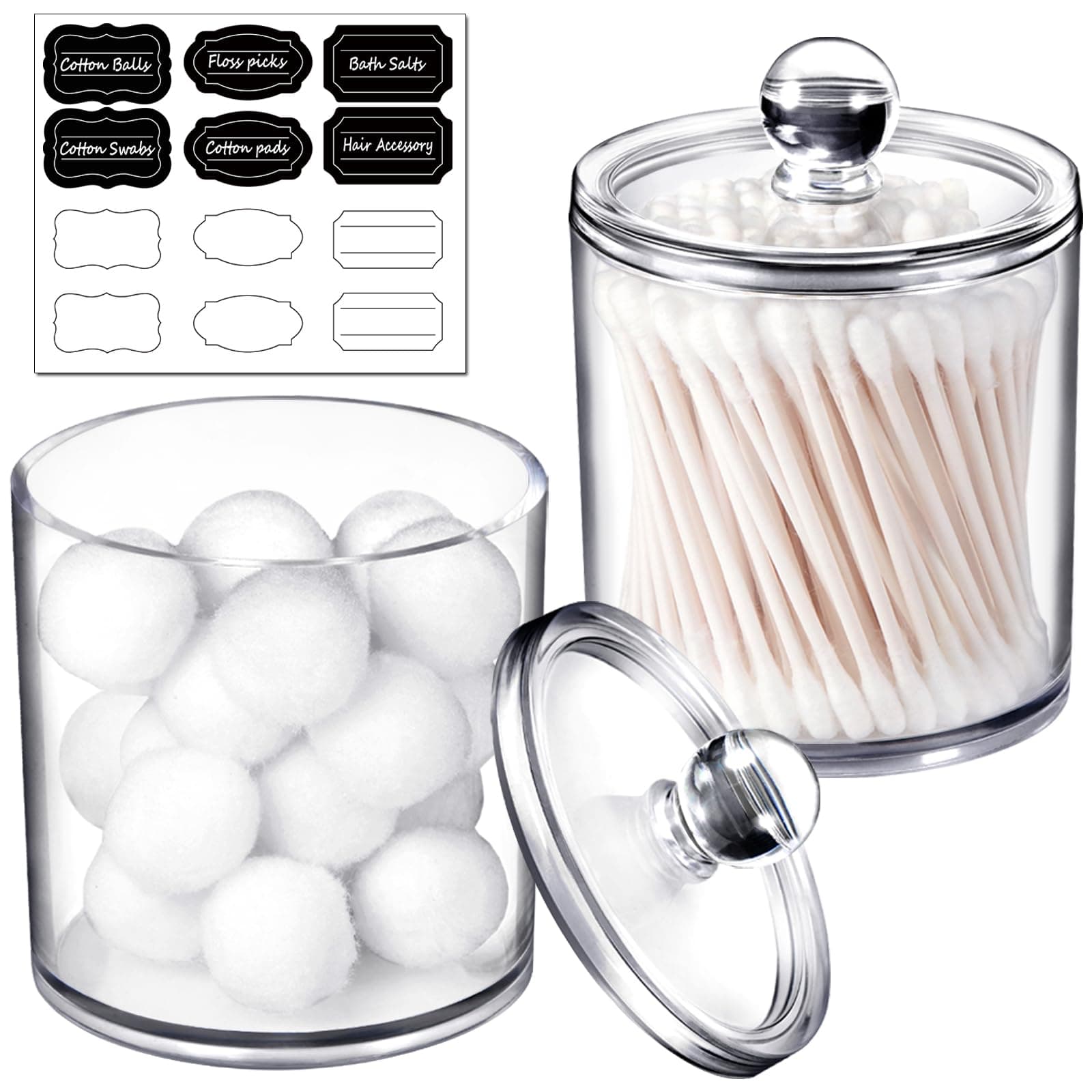 SheeChung 2 Pack Qtip Dispenser Apothecary Jars Bathroom With Labels - Holder Storage Canister Clear Plastic Acrylic Jar for Cotton Ball, Swab, Q-tips, Rounds (Small)