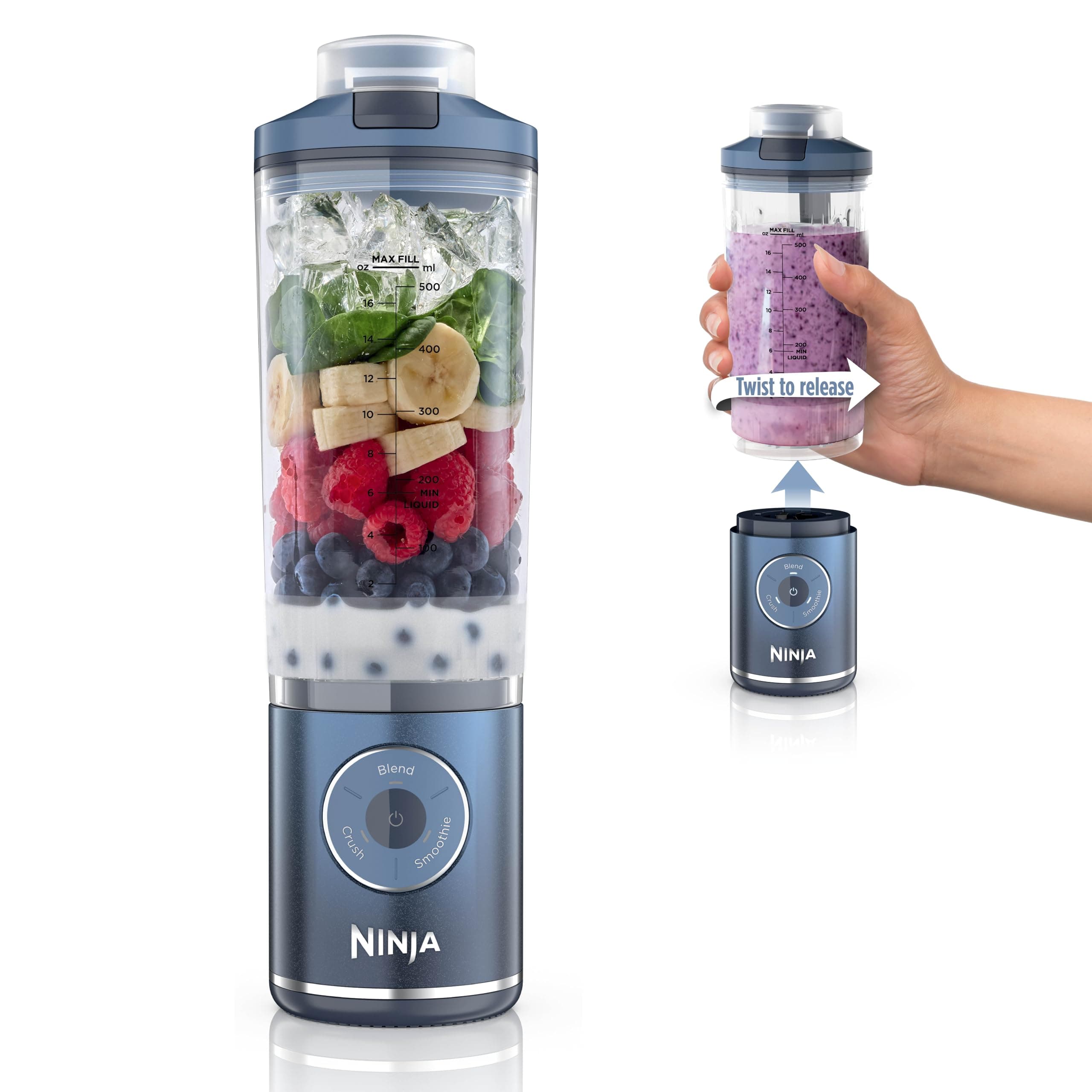 Ninja Blast Max, Portable Blender + Twist & Go, Personal Blender, Ninja Blender, Smoothie, Blend, Crushed Ice Cream, 3 Programs, No Cable, Removable 22oz Container