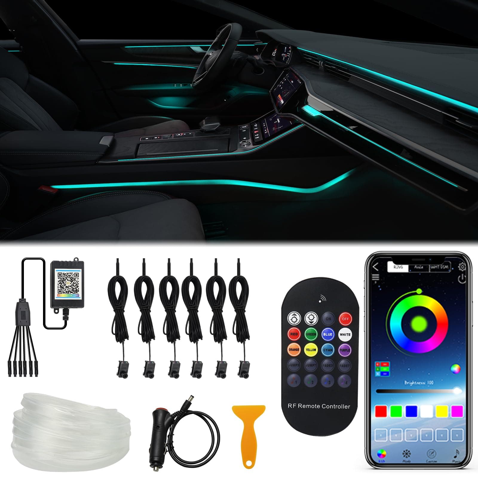 WEBUPAR Interior LED Car Lights, Car Accessories 6 in 1 Ambient Lighting Kits with Remote and APP Control, 315 inches Fiber Optic, Multicolor RGB Car LED Strip Lights with Music Sync Mode, DIY Mode