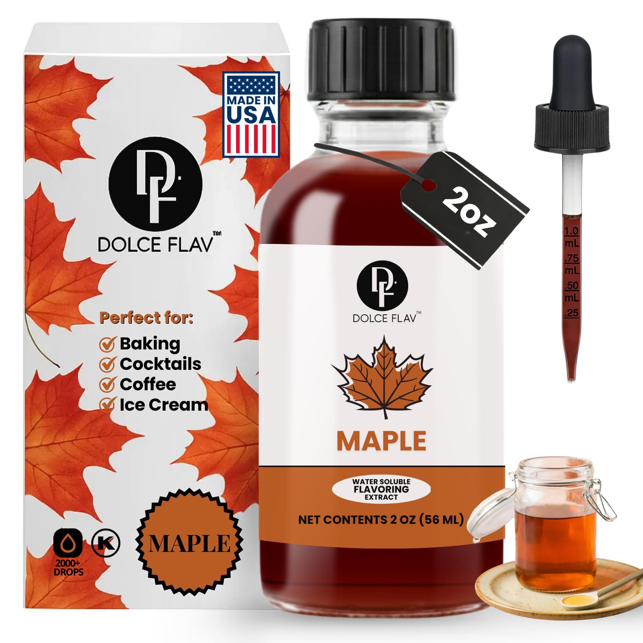 Dolce Flav Maple Extract - 2 Ounce Water-Soluble Multipurpose Flavoring Ideal for Baked Goods, Beverages, Coffee, Desserts & Ice Cream - Perfect Kitchen Gift for Holidays