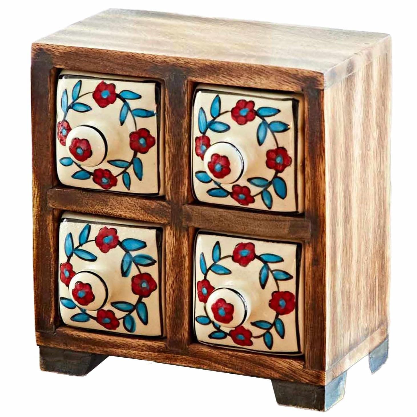 White Floral Mango Wood 4 Drawer Jewellery Box