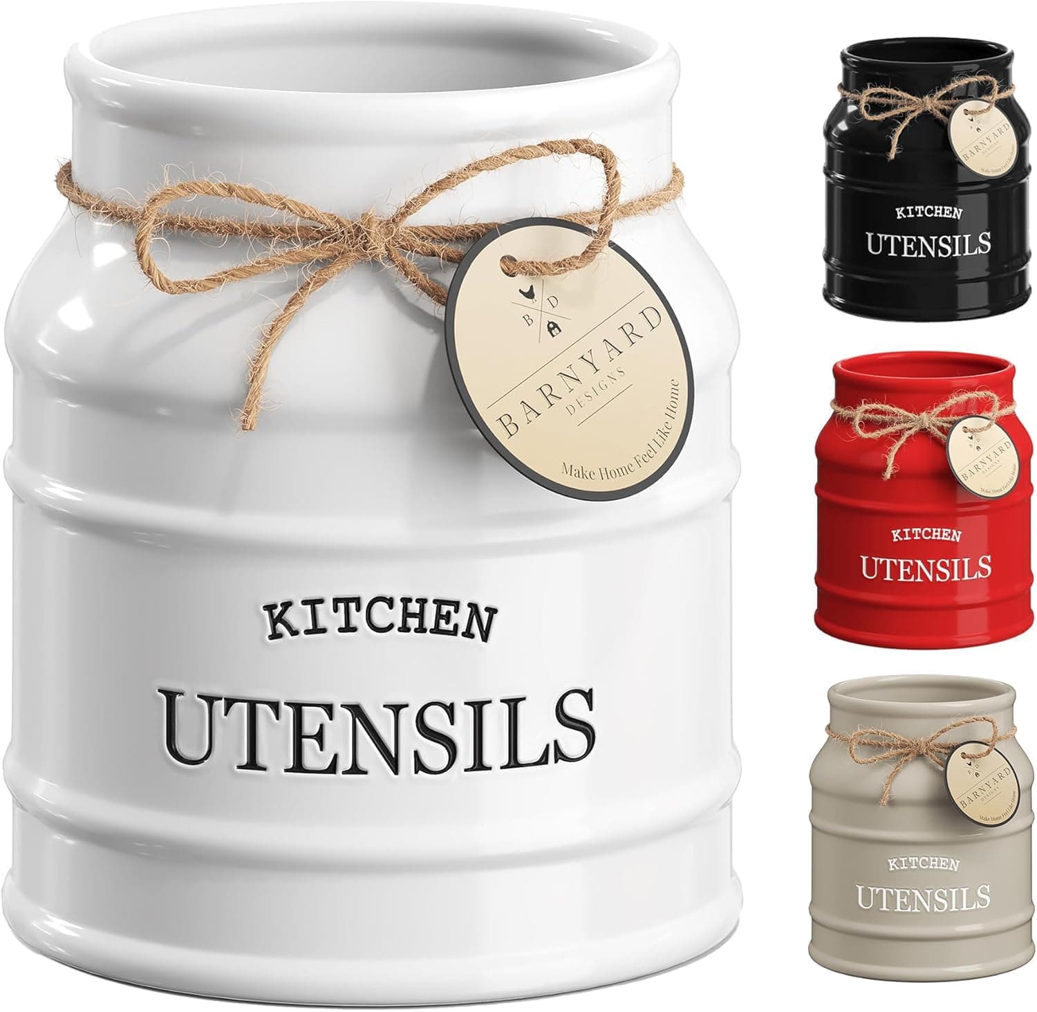 Barnyard Designs Ceramic Utensil Crock Holder for Kitchen Counter, Rustic Farmhouse Countertop Decor, French Country Organizer for Cooking Utensils, Spatulas and Mixing Spoons, White, 6ââ‚¬Â x 6.75"