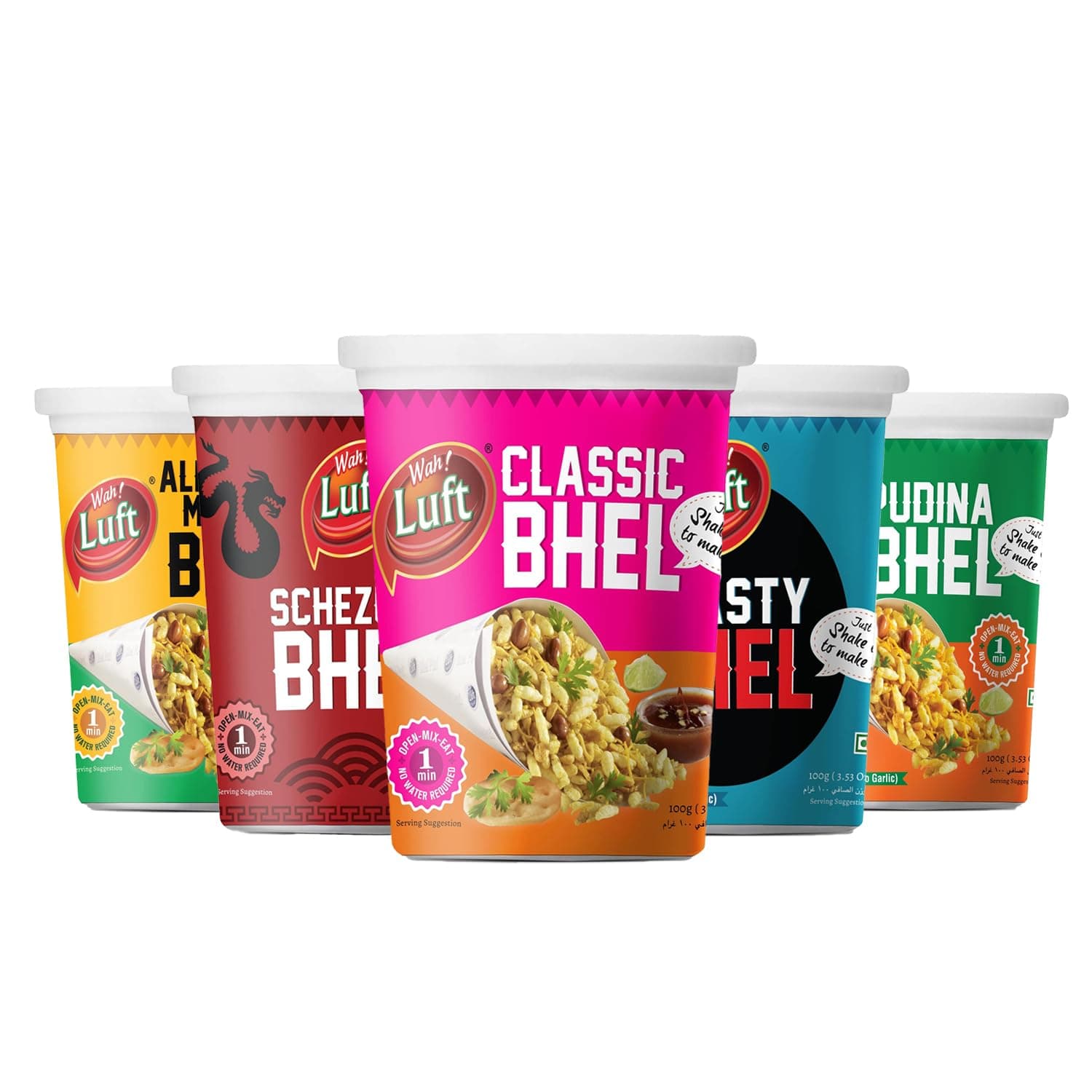 Wah Luft Instant and Delicious Bhelpuri Assortment Pack 100 gm Each -Pack of 5 (Regular BhelPuri Cup X 1, Phudina Chutney BhelPuri Cup X 1, Roasty Bhel Puri Cup X 1, Mango Bhel Puri X 1, Schezuan BhelPuri X 1)