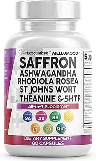 Saffron Supplements Extract 100mg + Ashwagandha L-Theanine 200mg - Mood Support Ginkgo Biloba, St. John's Wort, Rhodiola Rosea & 5-HTP Capsules Pills Men Women