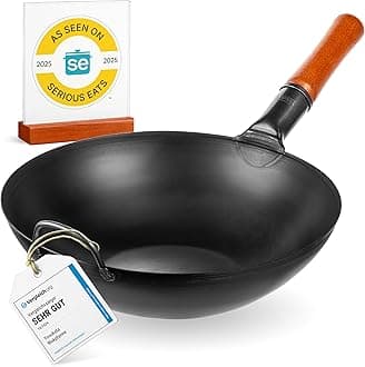 YOSUKATA Pre-Seasoned Carbon Steel Wok Pan Â– 13,5 " Woks And Stir Fry Pans- Chinese Wok With Flat Bottom Pow Wok- Traditional Japanese Rust-Resistant Woks- Black Steel Wok