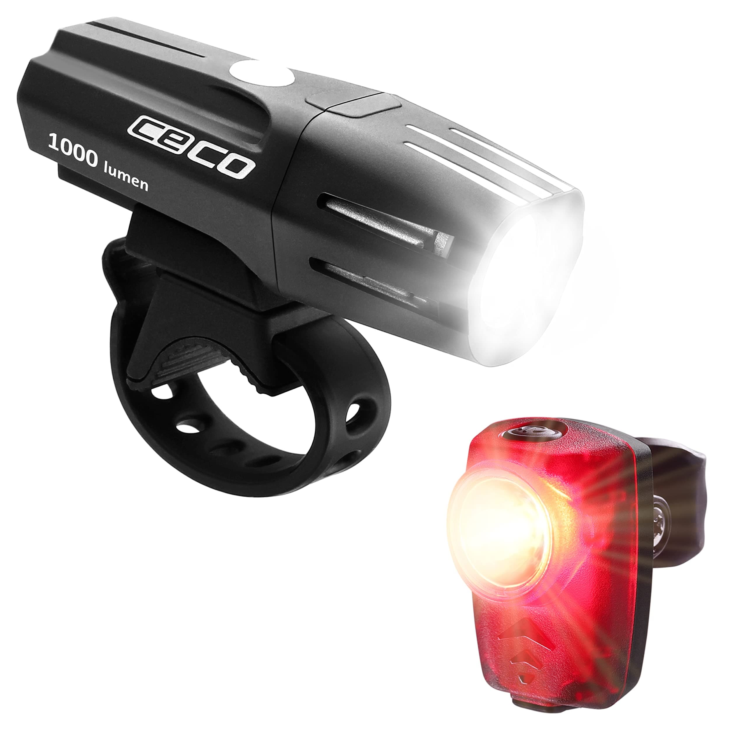 CECOUSA: 1,000 Lumen headlight & 100 Lumen tail light combo pack for cyclists who want to see far & to be seen from afar. Brightest USB Rechargeable Bike Light set available for all cyclists