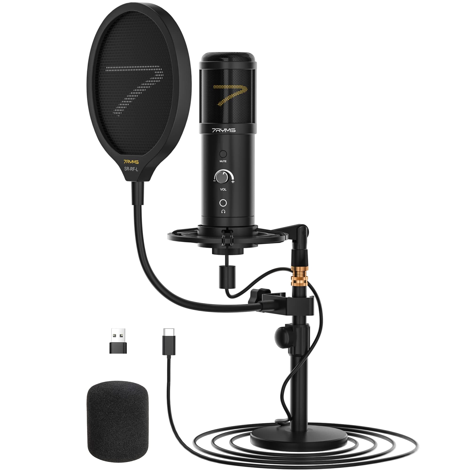 7RYMS USB-Microphone Condenser Gaming-Mic, 192kHz/24bit Tape to Mute Microphone for PC with Desk Stand, Pop Filter, for Streaming Podcast Recording  ASMR , for Computer, Phone, PS4/PS5 (SR-AU01-K2)