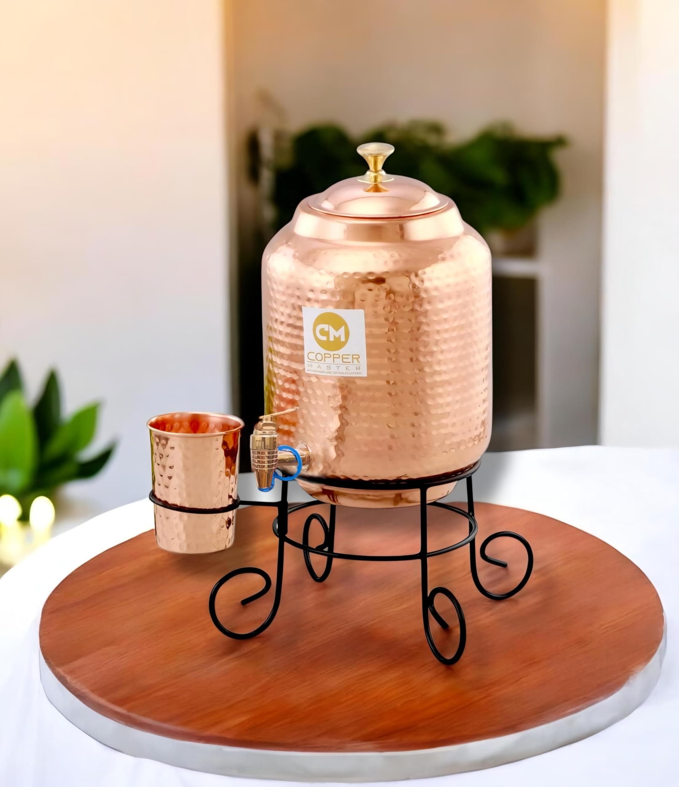 Copper-Master 5 Litre Hammered Water Dispenser (Matka/Pot) Container Pot with 1 Copper Glass and Stand Pure Copper and Ayurvedic Health Benefits (5000 ml)