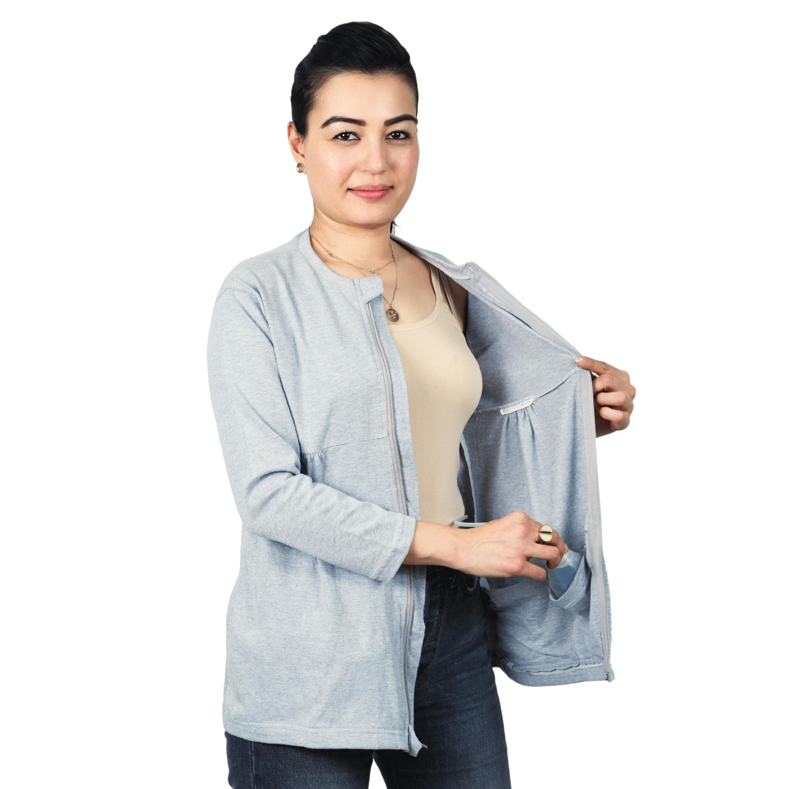 Inspired Comforts Women's Mastectomy Recovery Full Sleeves Front Open Zip Up Shirt with Drain Pockets
