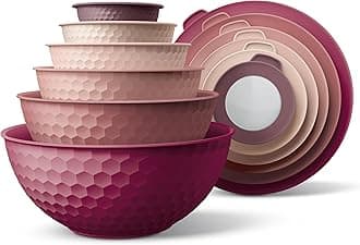 Mixing Bowls with Lids - 12 Piece Plastic Nesting Bowls Set includes 6 Prep Bowls and 6 Lids, Non Slip Bottom and Embossed Design - Microwave Safe (Rose)