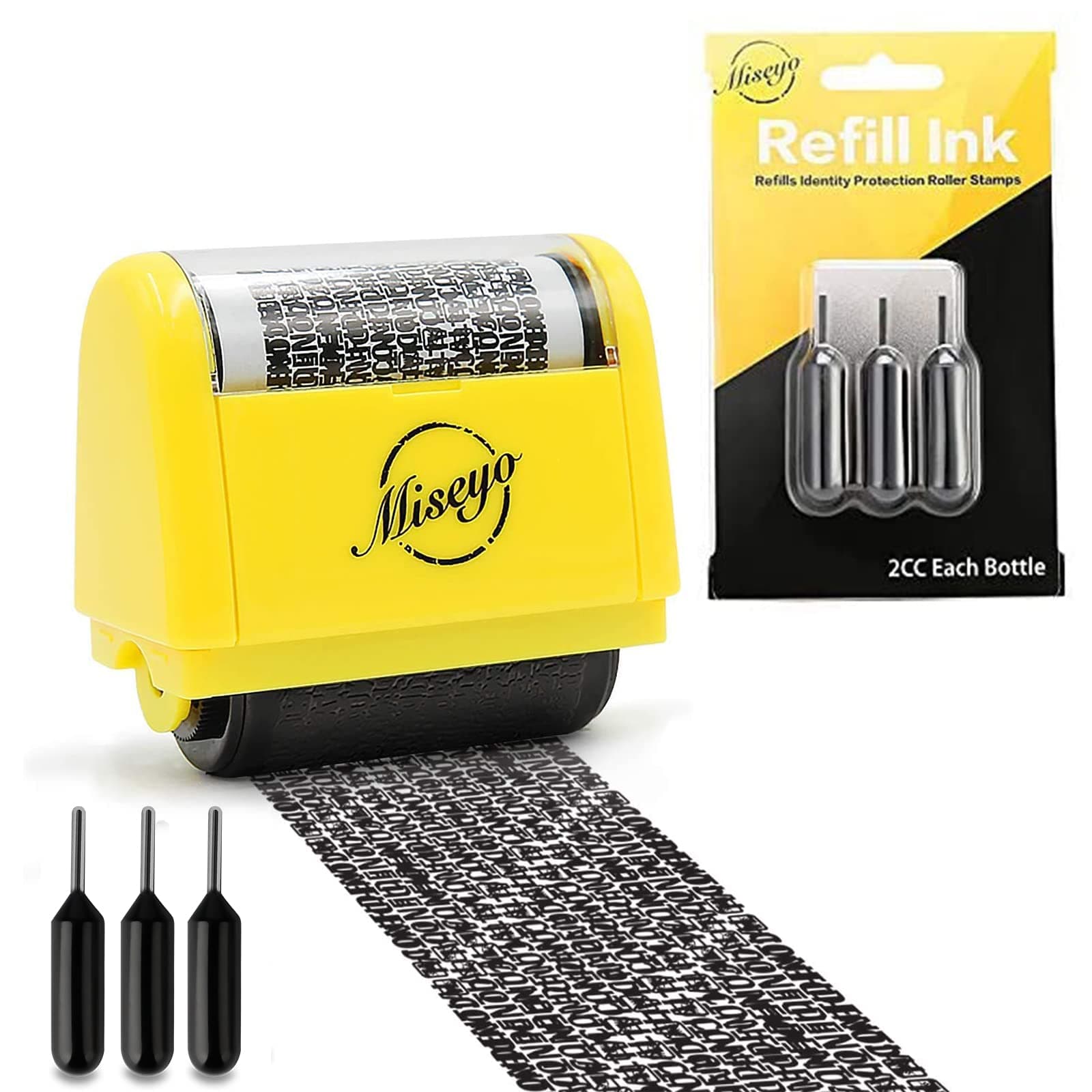 Wide Identity Theft Protection Roller Stamp Set - Yellow (3 Refill Ink Included) with Refill Ink - 3 Pack - Black Ink