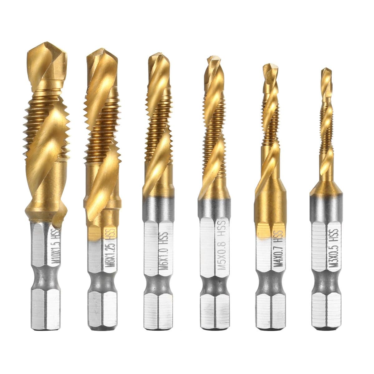 Qibaok 6 piece combination drill bit 1/4 inch HSS M3 – M10 screw hexagonal countersink drill bit set, titan machine thread drill bits for wood, plastic, aluminium, copper. Not for hard metal.