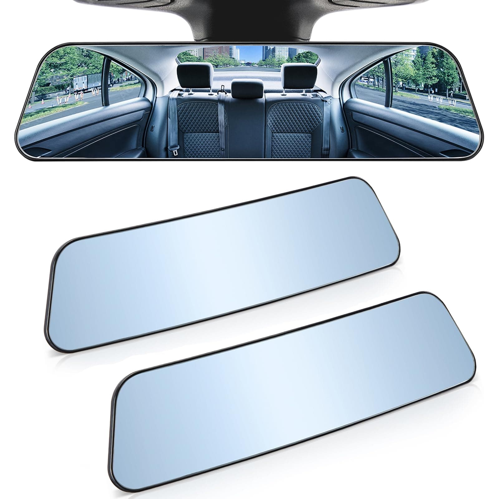 JOYTUTUS Rearview Mirror, 2 pack 12 Inch Panoramic Anti-Glare Clip-on Wide Angle Convex Rear View Mirror, Effectively to Reduce Blind Spot, Universal for More Car SUV Trucks -Blue