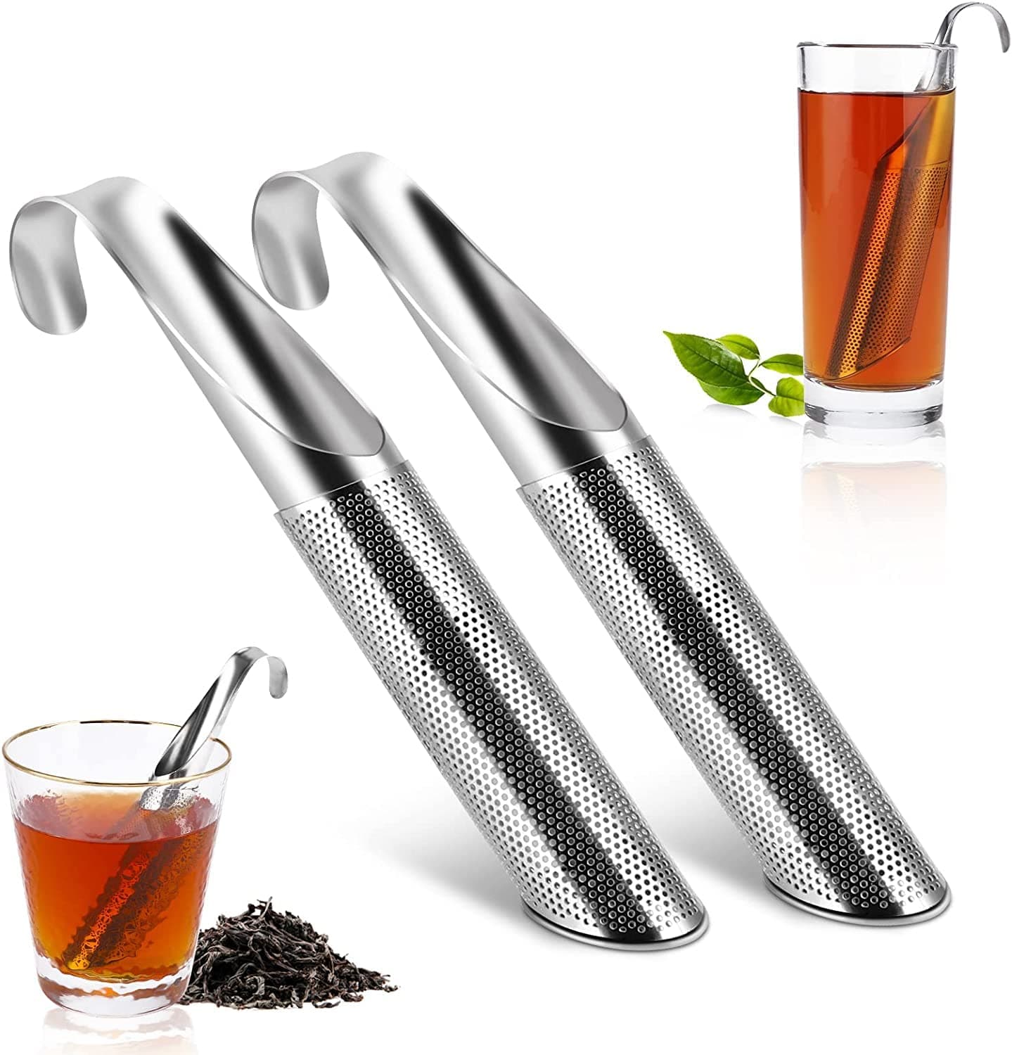 Tea Infuser for Loose, 2 PCS 304 Stainless Steel Tea Strainer, Diffuser, Extra Fine Mesh Steeper to Steep Loose Leaf Tea Herbal Coffee, Long-Handle Filter, Rose, Spices