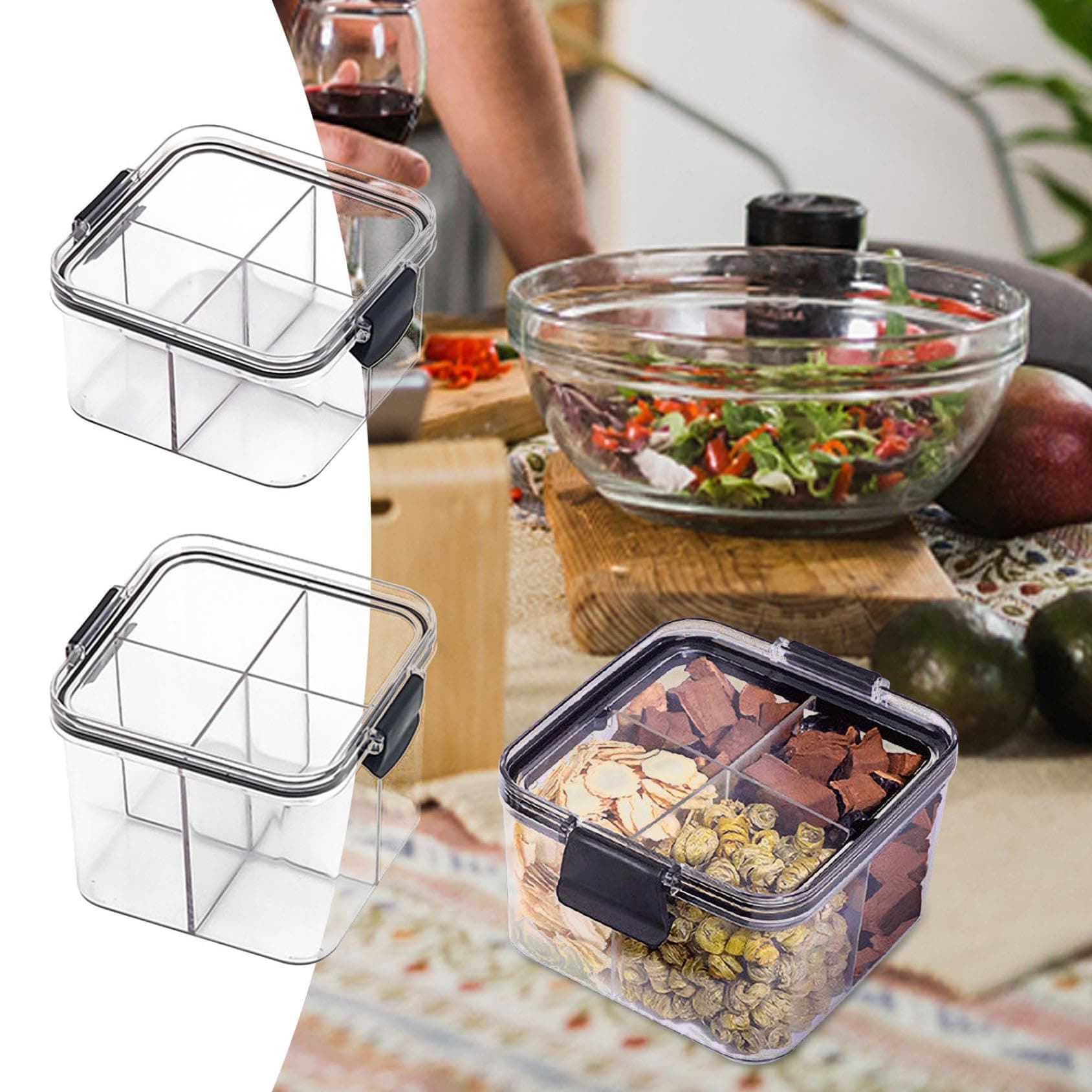 Idoravan 4-Grids Kitchen Plastic Food Storage Container Set with Airtight Lids Airtight Food Storage Container Set Clear Pantry Canister Set for Cereal Rice Pasta Flour Beans Snacks Sugar Containers