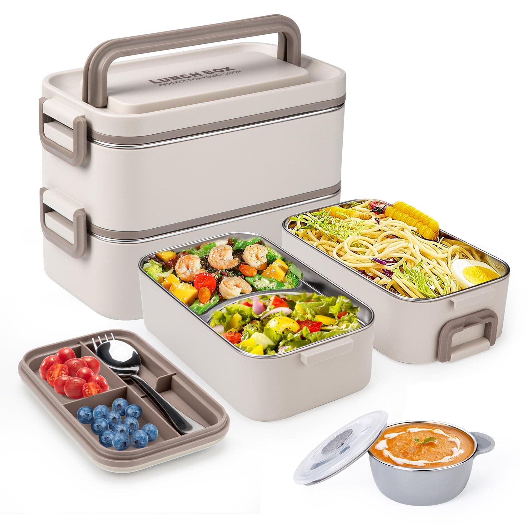 Bento Box Adult Lunch Box, Stackable 2 Layer 304 Stainless Steel Lunch Container for Adults Kids Office, 2L Capacity Portable Lunch Box Containers with Soup Bowl Spoon and Fork