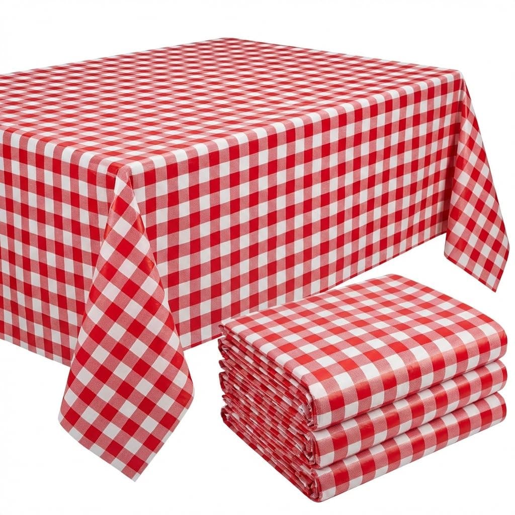 Oojami Pack of 4 Plastic Red and White Checkered Tablecloths - 4 Pack - Picnic Table Covers