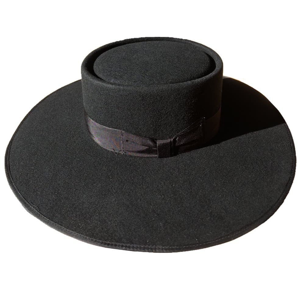 Black Wool Felt Exra Large Wide Brim Pork Pie Porkpie Flat Hat For Women 4 5/8" (Small = 55cm(6 7/8))