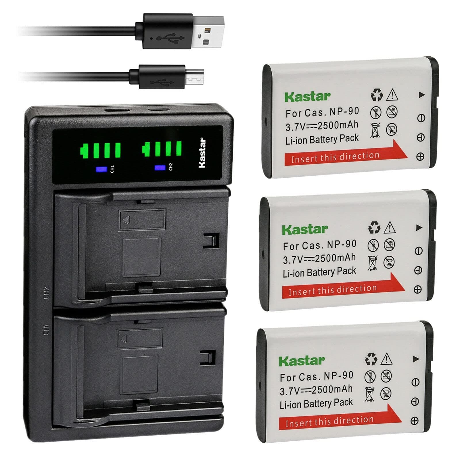 Kastar3-Pack CNP-90 Battery and LTD2 USB Charger Replacement for Casio NP-90 NP-90DBA Battery, Casio BC-90L Charger, Casio Exilim EX-FH100, Exilim EX-FH100BK, Exilim EX-H10, Exilim EX-H15 Camera