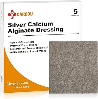 Carbou Silver Calcium Alginate Wound Dressing with Ag, 4'' x 4'' Patches,5 Individual Sterile Pads, Soft and Highly Absorbent Dressing Gauze, Non-Stick Padding