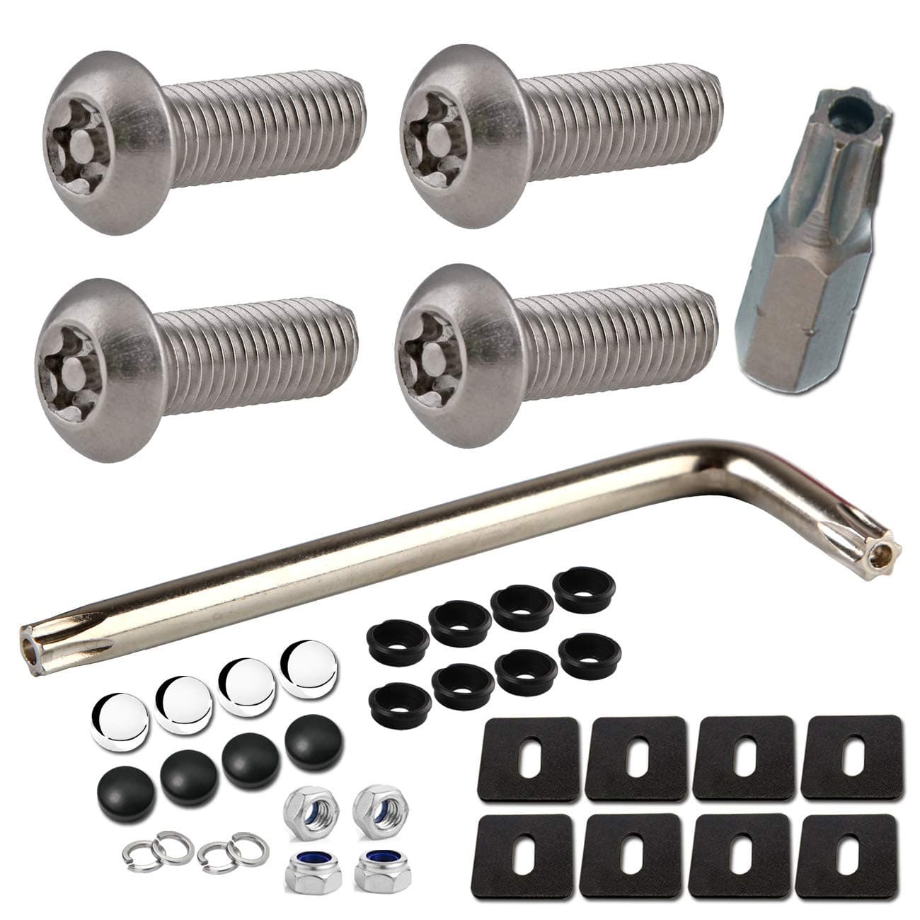 License Plate Screws Anti Theft - 4 Pcs Bulk M6 3/4" Stainless Steel Tamper Resistant License Plate Bolts Nuts Fasteners and Black & Chrome Caps for Acura, Audi, BMW, Tesla etc. License Plates