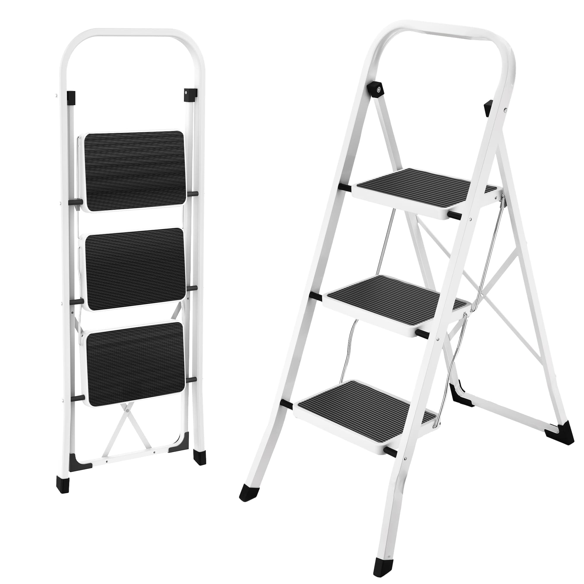 HBTower Step Ladder, Step Stool with Non-Slip Pedal, Portable Robust Ladder with Handrails, Perfect for Kitchen and Household, 150 kg Capacity (White, 3 Steps)