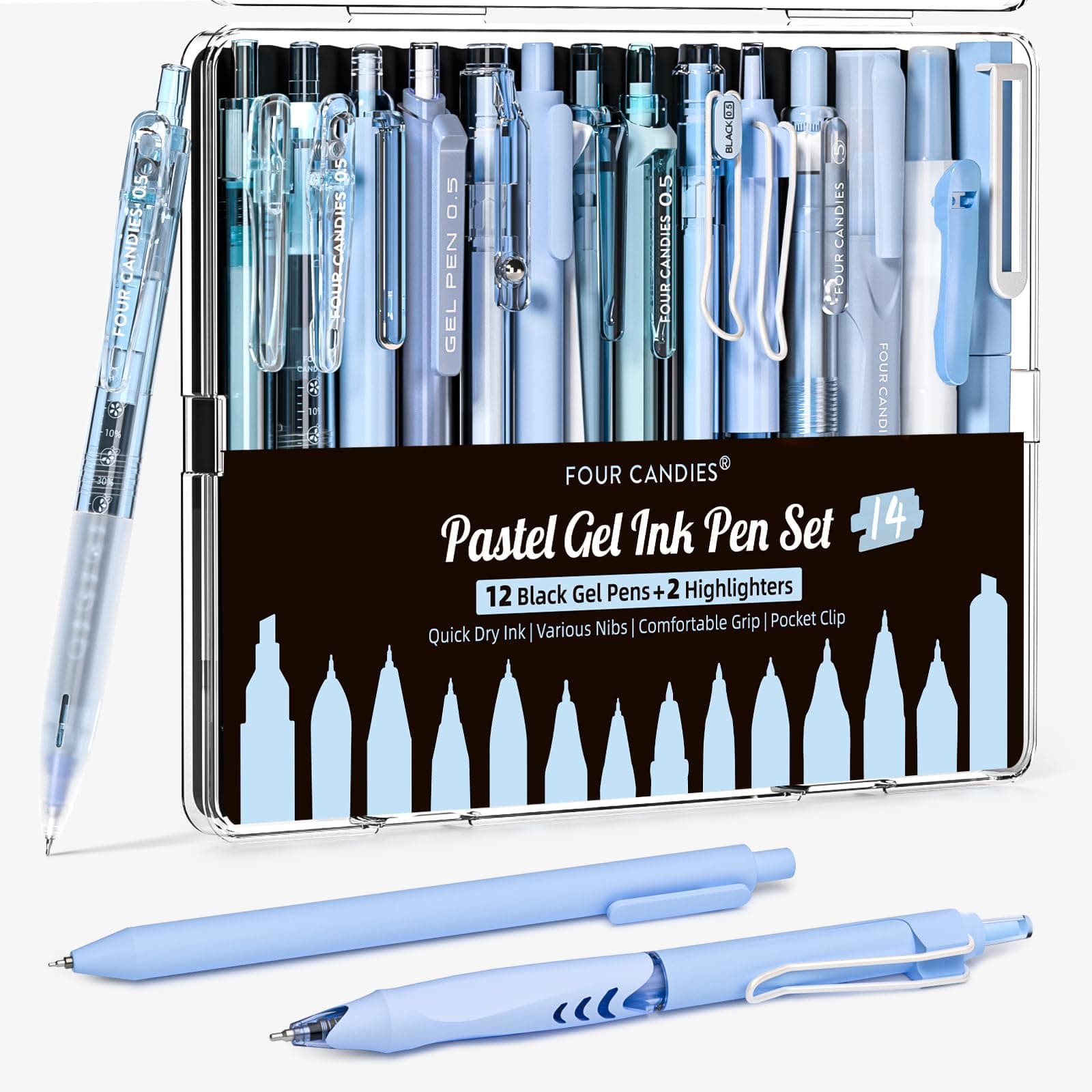 Four Candies Writing Ink Pens with Black & Blue Ink and 2Pack Highlighter, Retractable 0.5mm Smooth Fine Point Pens,Blue Pens for School,Office Girly Stationery Aesthetic Desk Accessories Set of 14
