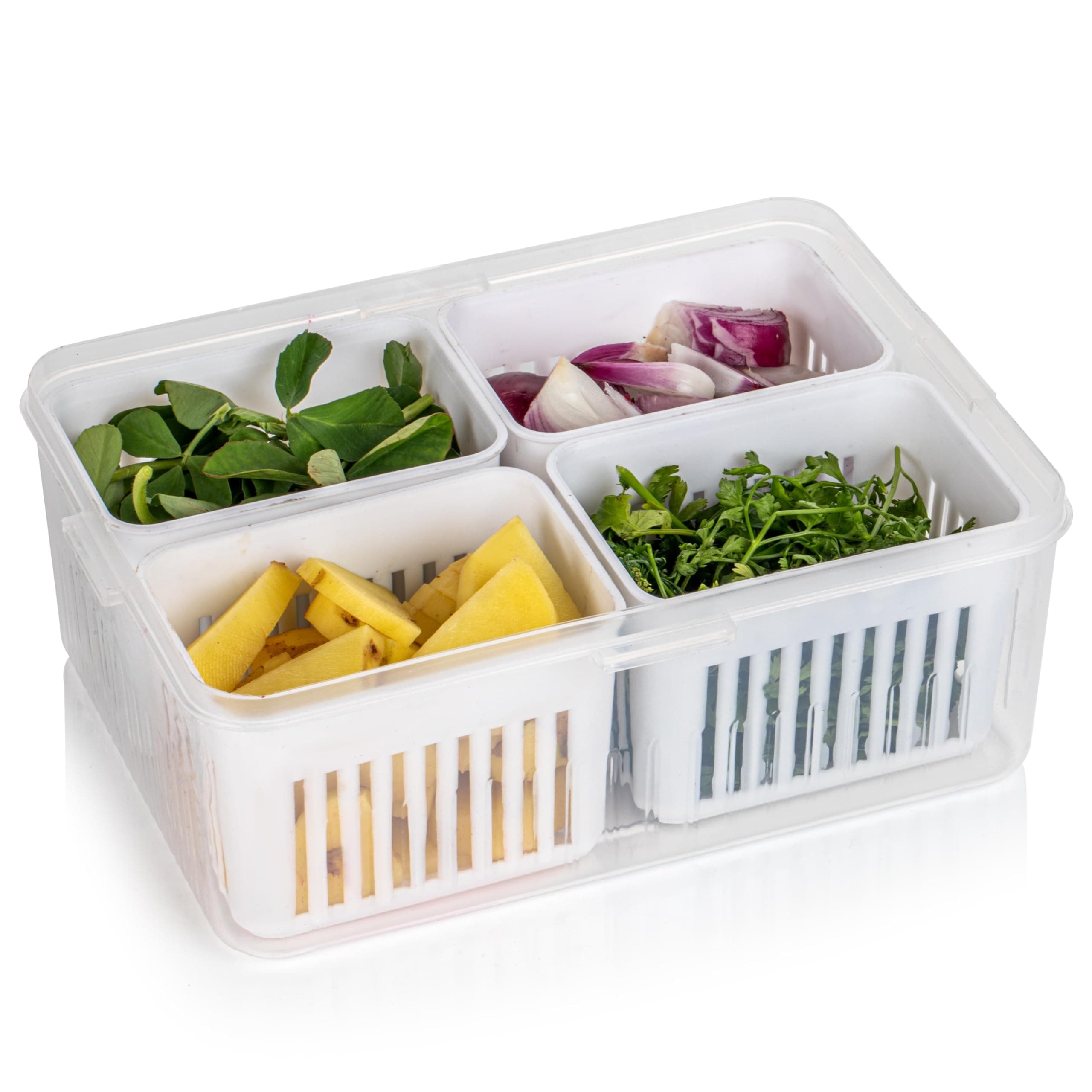 - RECLUSE Divided Serving Tray with 4 Compartments Reusable Veggie Charcuterie Container Portion Control Salad Keeper Removable Boxes Stackable Refrigerator Organizer Fruit Nuts Food Storage Container