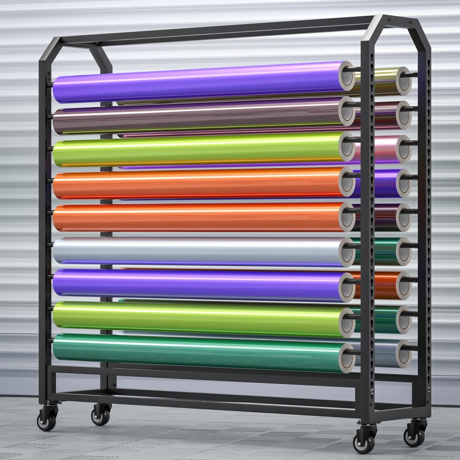 Movable Car Window Film Roll Storage Rack with Wheels, Automobile Film Stand with Adjustable Hanging Rod, Heavy Duty Vinyl Roll Display Rack for Fabric Roll/Wallpaper(160cm,14 rods)