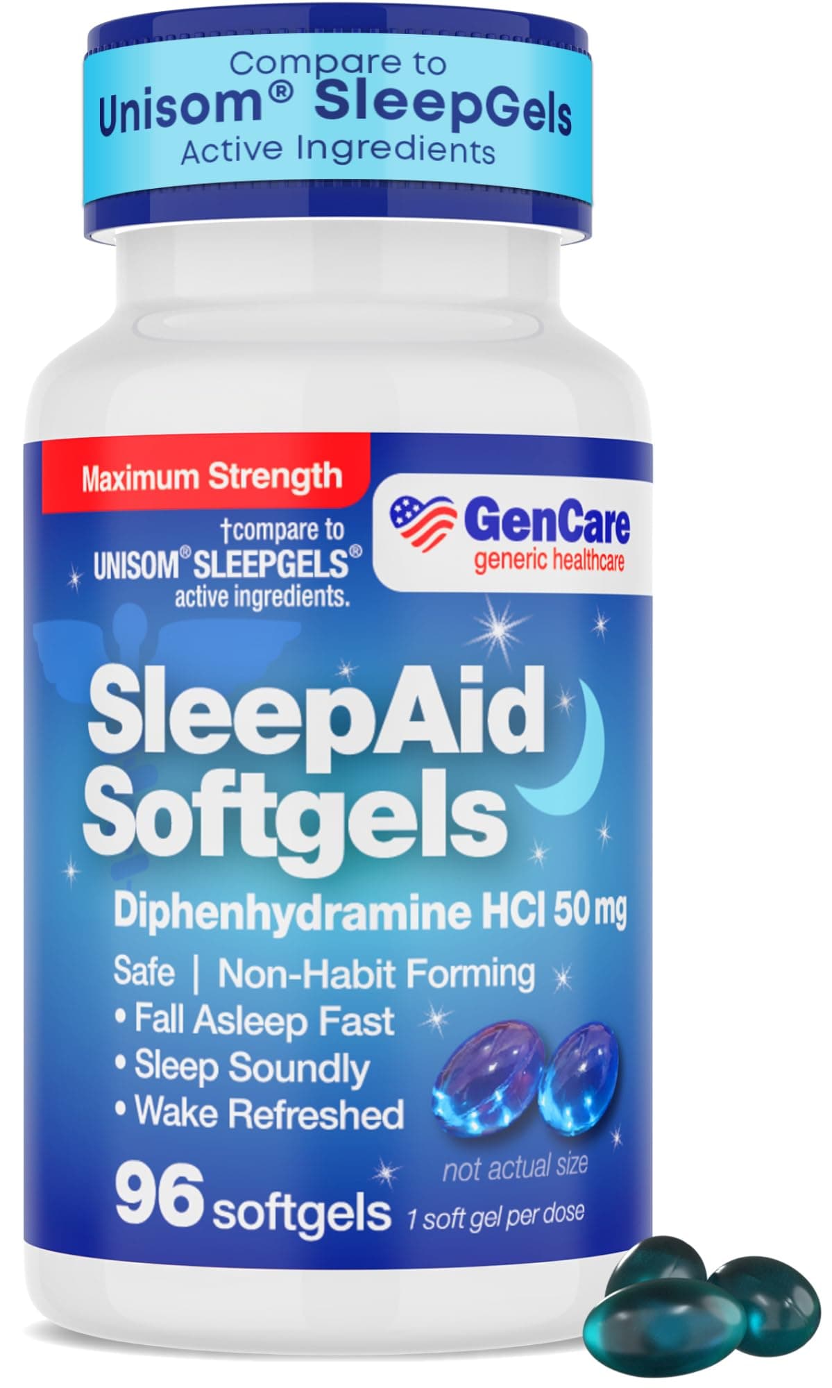 Maximum Strength Nighttime Sleep Aid Supplement for Adults Deep Sleep Pills with Diphenhydramine HCl 50mg to Fall Asleep Faster- Strong Non-Habit Forming PM Sleeping Relief [96 Softgels]