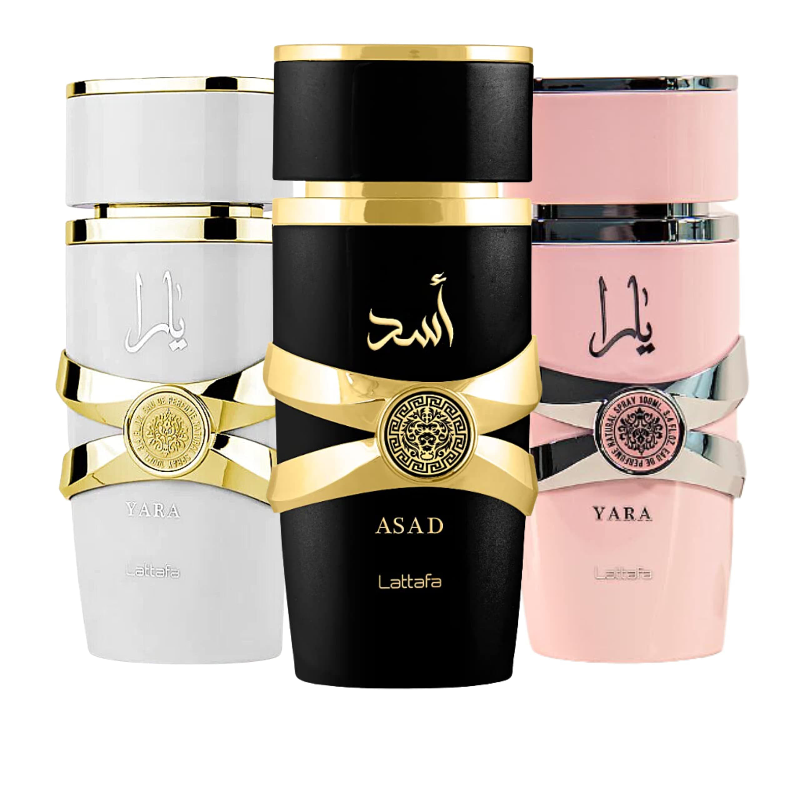 for Women 3 Piece Eau de Parfum Gift Set (Yara + Yara Moi + Asad) 3.4 Ounce/100 ml each
