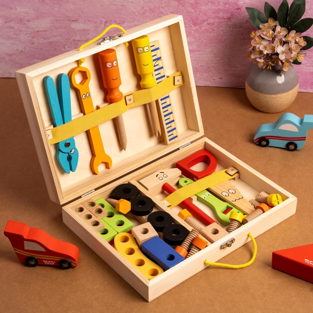 - NESTA TOYS Wooden Tool Kit for Kids (40 Pcs) with Tool Box | Hammer, Wrench, Screwdriver, Saw, Nuts & Bolts | Builds Problem-Solving & Fine Motor Skills | Non-Toxic | Gift for Boys & Girls Age 3-8