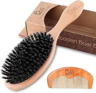 EGG Boar Bristle Hair Brush with Wooden Paddle for Thin Hair, Adds Shine, Improves Texture, Women, Men, Children, with Comb & 3 Hair Ties (Random Color)