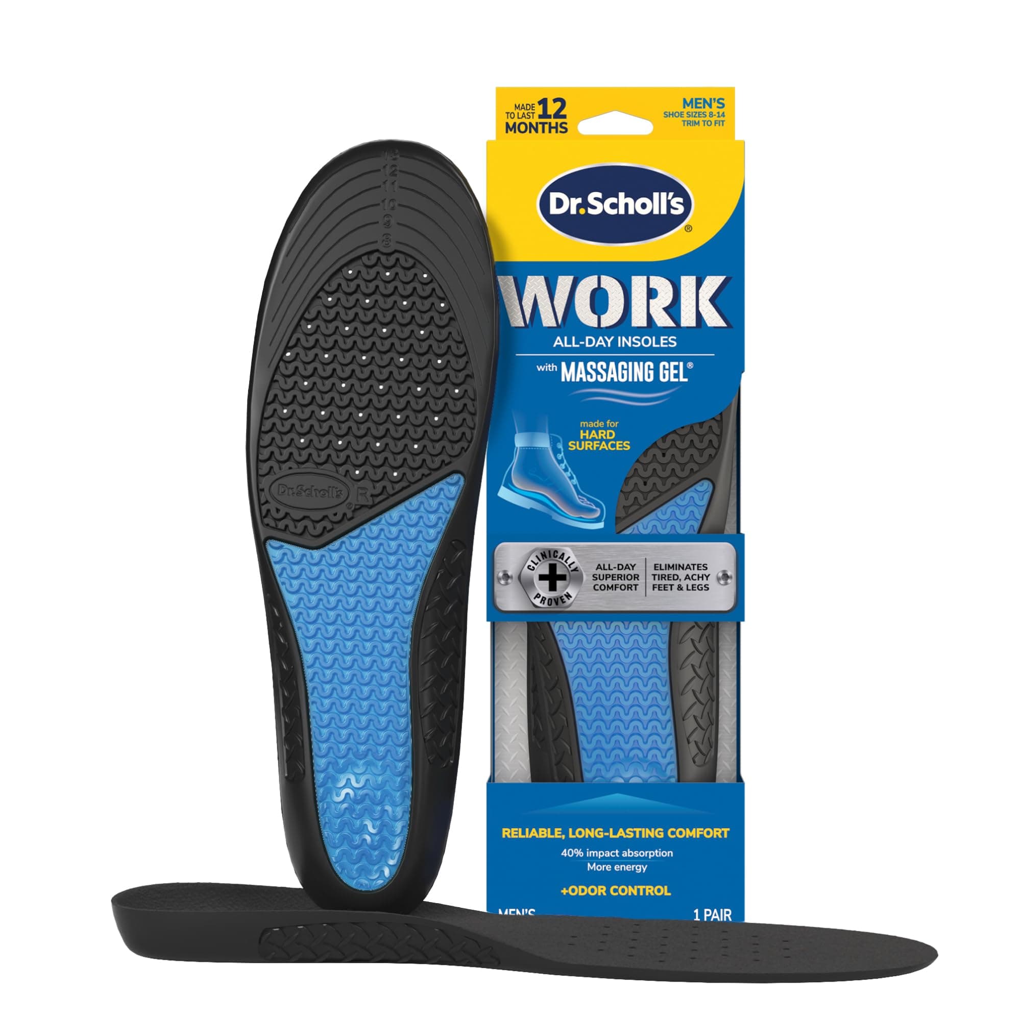 Comfort And Energy Work Insoles For Men, 1 Pair, Size 8-14