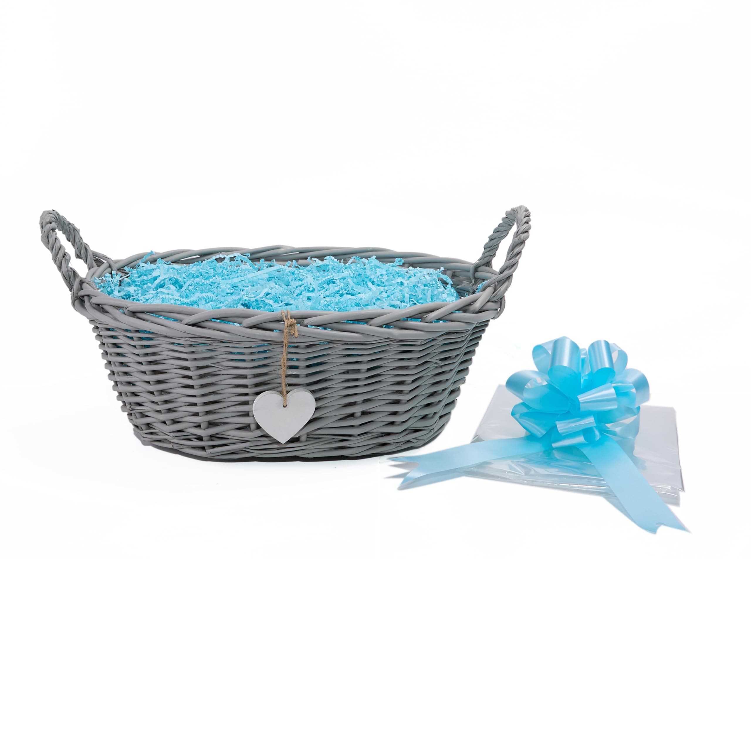 Wickerfield Woven Wicker Basket with Handle, Gift Hamper Kit with Shredded Pape, Empty Hamper Basket for Baby, Christmas, Retail Display (Grey Basket, Blue Filling)